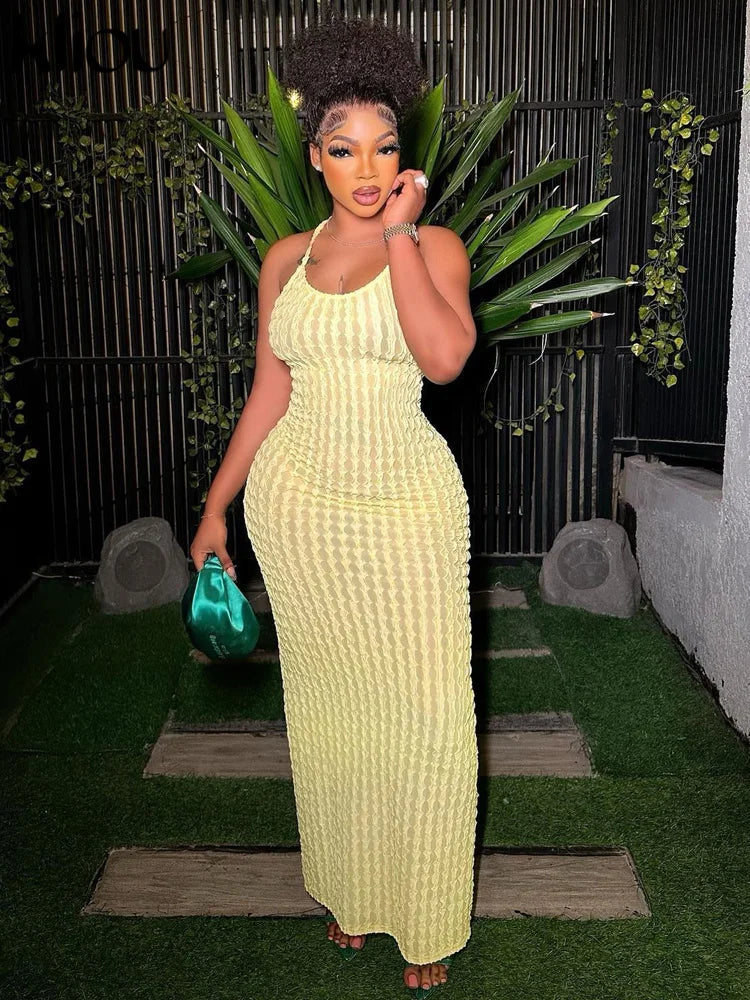 Solid Ruched Spaghetti Strap Bandage Maxi Dress for Women Casual Sleeveless Backless Bodycon Party and Streetwear Style