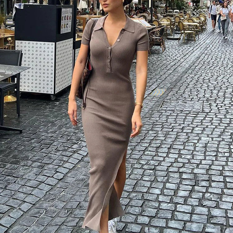 Elegant Office Lady Maxi Dress with Solid Fabric, Turn-Down Collar, Short Sleeves, Button Details, Side Slit, Body-Shaping Fit, Street Style Robe - NIICY