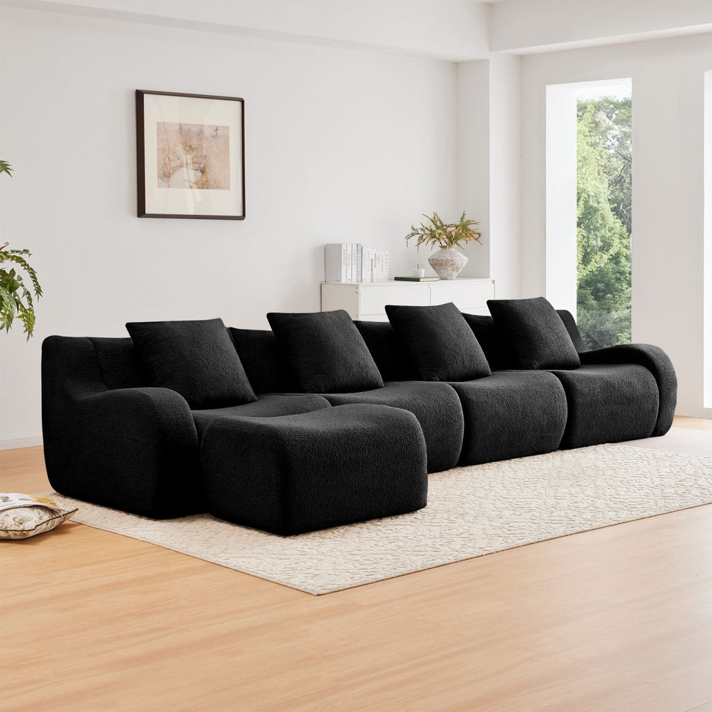 L-Shaped 4-Seat Boneless Sofa,Teddy Fabric No Assembly Required Curved Armrest,Anti-slip Design, Assembly Chaise, 32D High Density Sponge Full Compression Vacuum Packag,For Studies living Rooms,Black