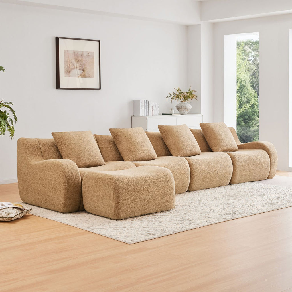 L-Shaped 4-Seat Boneless Sofa,Teddy Fabric No Assembly Required Curved Armrest,Anti-slip Design, Assembly Chaise,32D High Density Sponge Full Compression Vacuum Packag,For Studies living Rooms,CameI