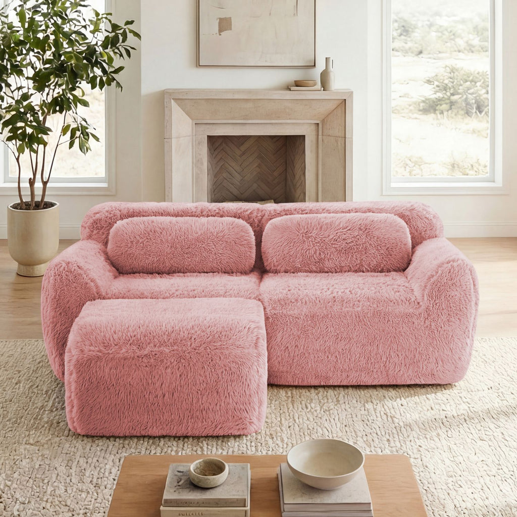 L-shaped Boneless Sofa,Soft Fluffy Plush Fabric,With Chaise 32D High Density Sponge,No Assembly Required,Ergonomic Design Bottom Anti-Slip Design,With Throw Pillows,Fits Bedrooms,Pink