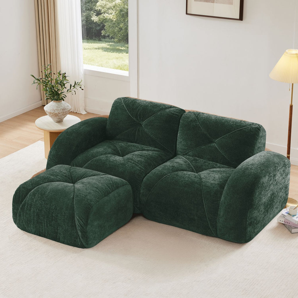 L-shaped Boneless Sofa,Soft Velvet Fabric,Tufted Design,32D High Density Sponge,No Assembly Required,Ergonomic Design Bottom, Anti-Slip Design,Movable Ottoman For Bedrooms,Green