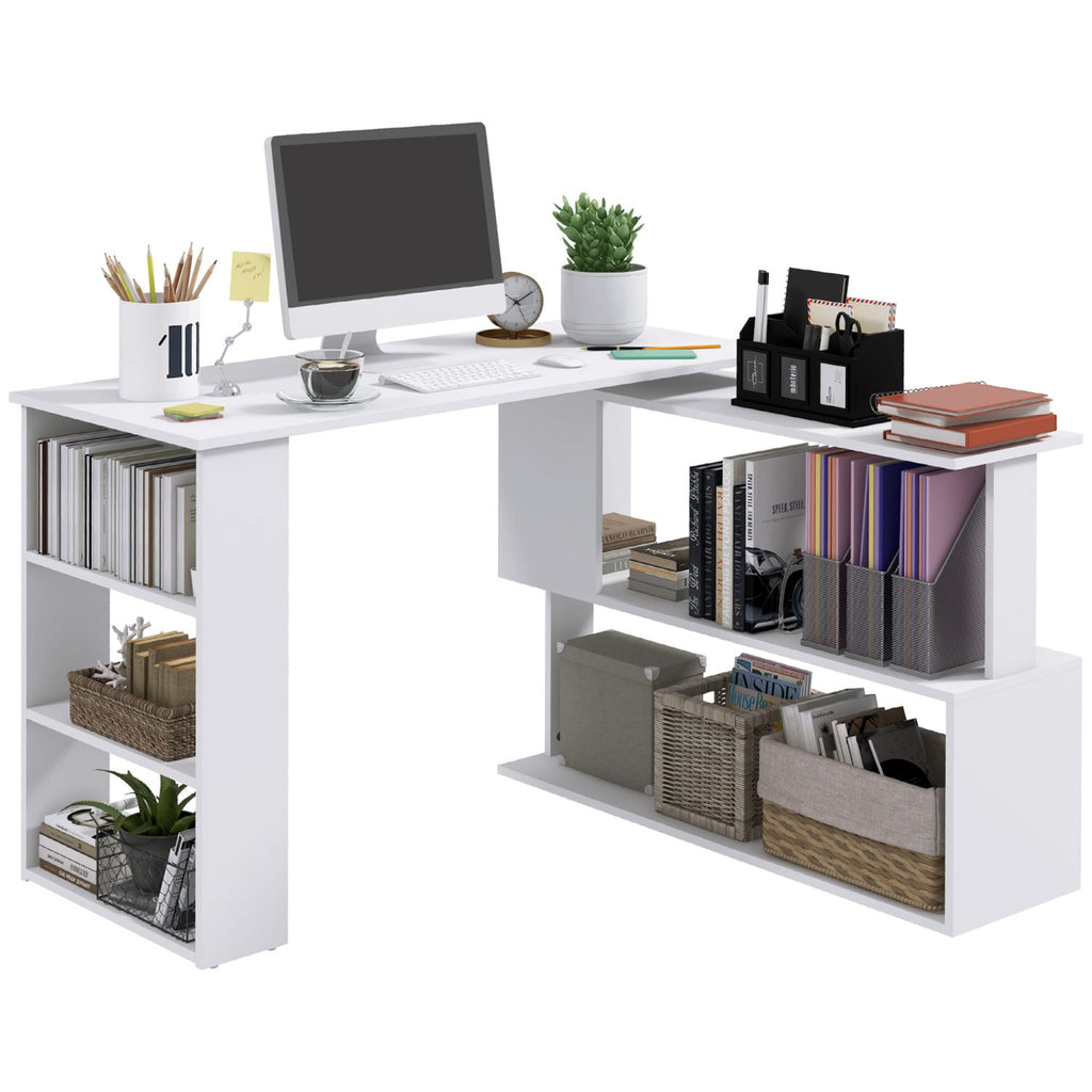 L Shaped Corner Desk, 360 Degree Rotating Home Office Desk with Storage Shelves, Writing Table Workstation, White
