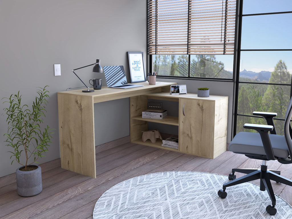 L-Shaped Desk, Single Door Cabinet, Two Open Shelves, Two Interior Shelves, Light Oak