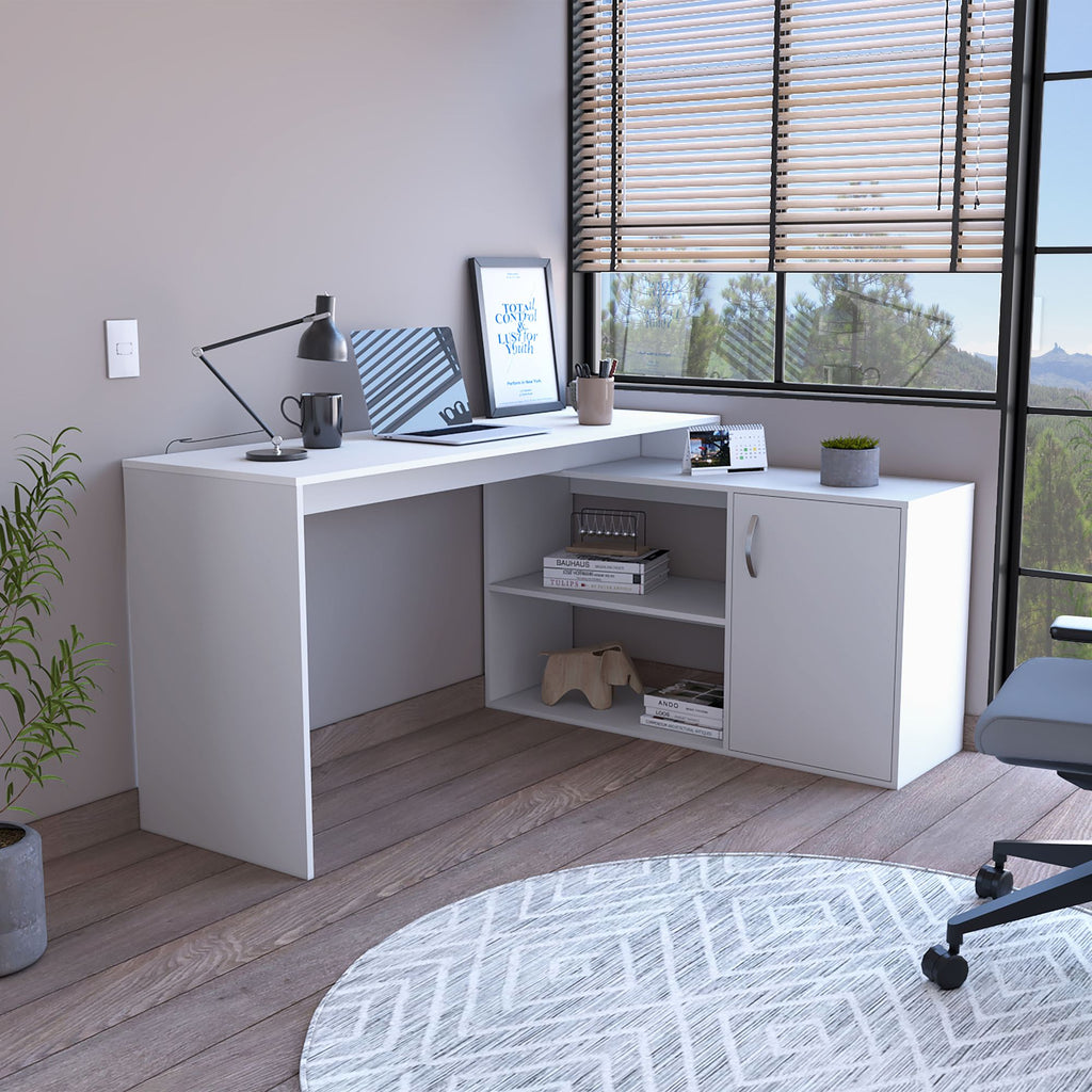 L-Shaped Desk, Single Door Cabinet, Two Open Shelves, Two Interior Shelves, White