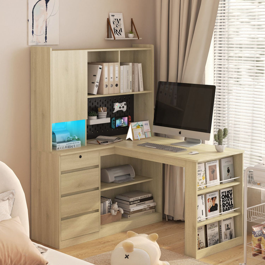 L Shaped Desk with Charger,Computer Desk with Drawers,Bookshelf,with LED Light,Modern Corner Desk,Home Office Desk,L-Shaped Study Table Writing Desk,Corner Gaming Computer Desk with Storage