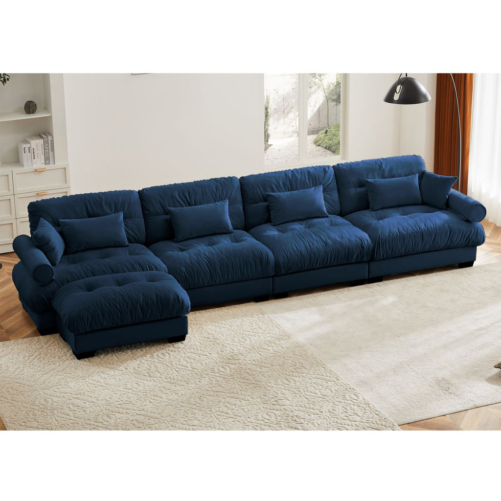 L Shaped Sectional Cloud Sofa , Convertible Deep 4 Seater Modular Couch for Living Room,Modern Velvet Comfy Upholstered Corner Couch Waist Pillows, Throw Pillows and Blostered Armrests,Blue