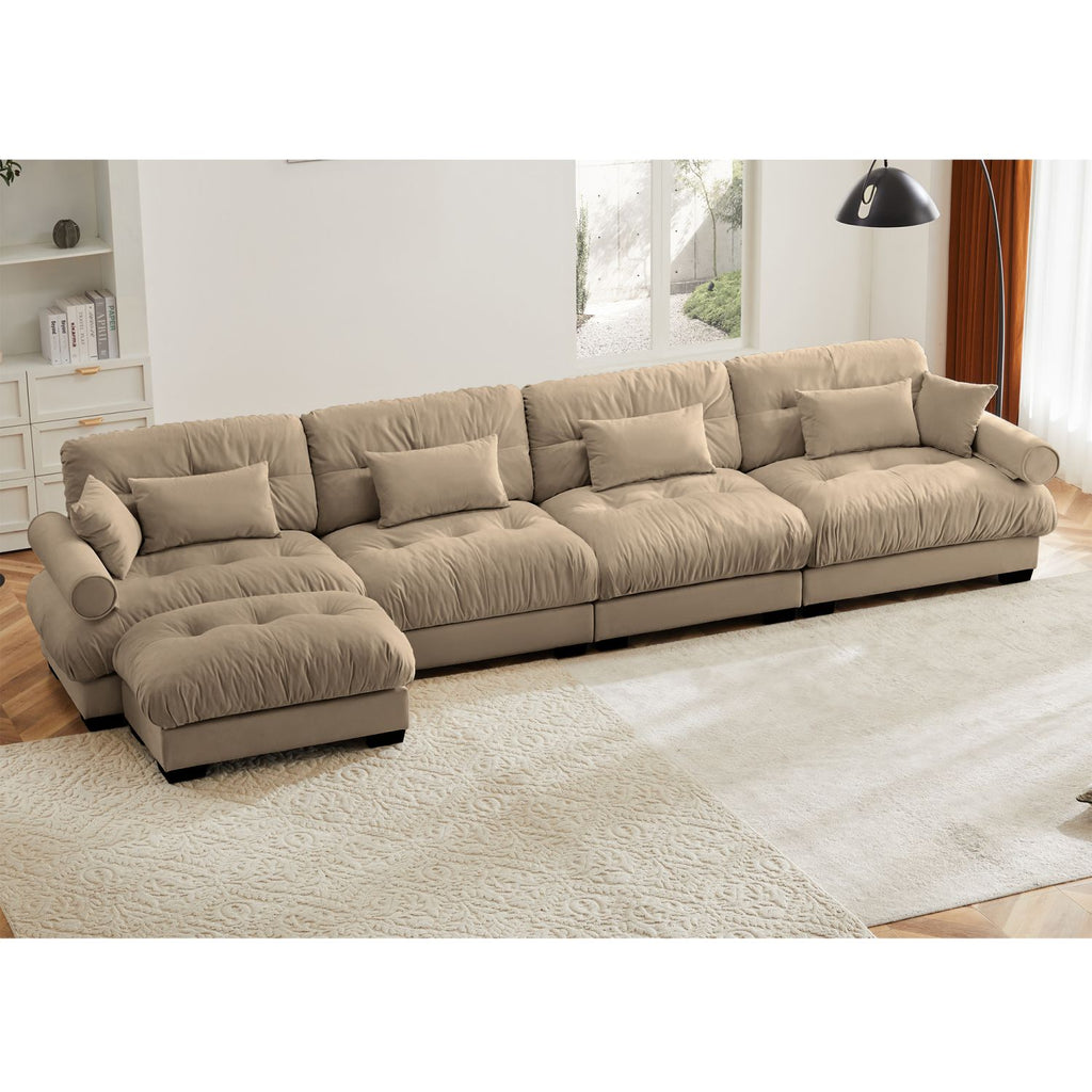 L Shaped Sectional Cloud Sofa , Convertible Deep 4 Seater Modular Couch for Living Room,Modern Velvet Comfy Upholstered Corner Couch Waist Pillows, Throw Pillows and Blostered Armrests,Camel