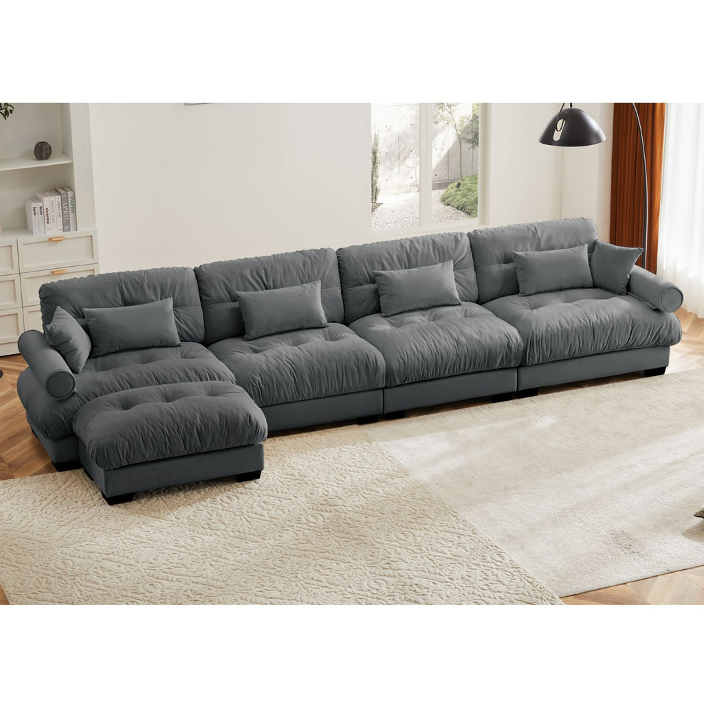 L Shaped Sectional Cloud Sofa , Convertible Deep 4 Seater Modular Couch for Living Room,Modern Velvet Comfy Upholstered Corner Couch Waist Pillows, Throw Pillows and Blostered Armrests,Grey