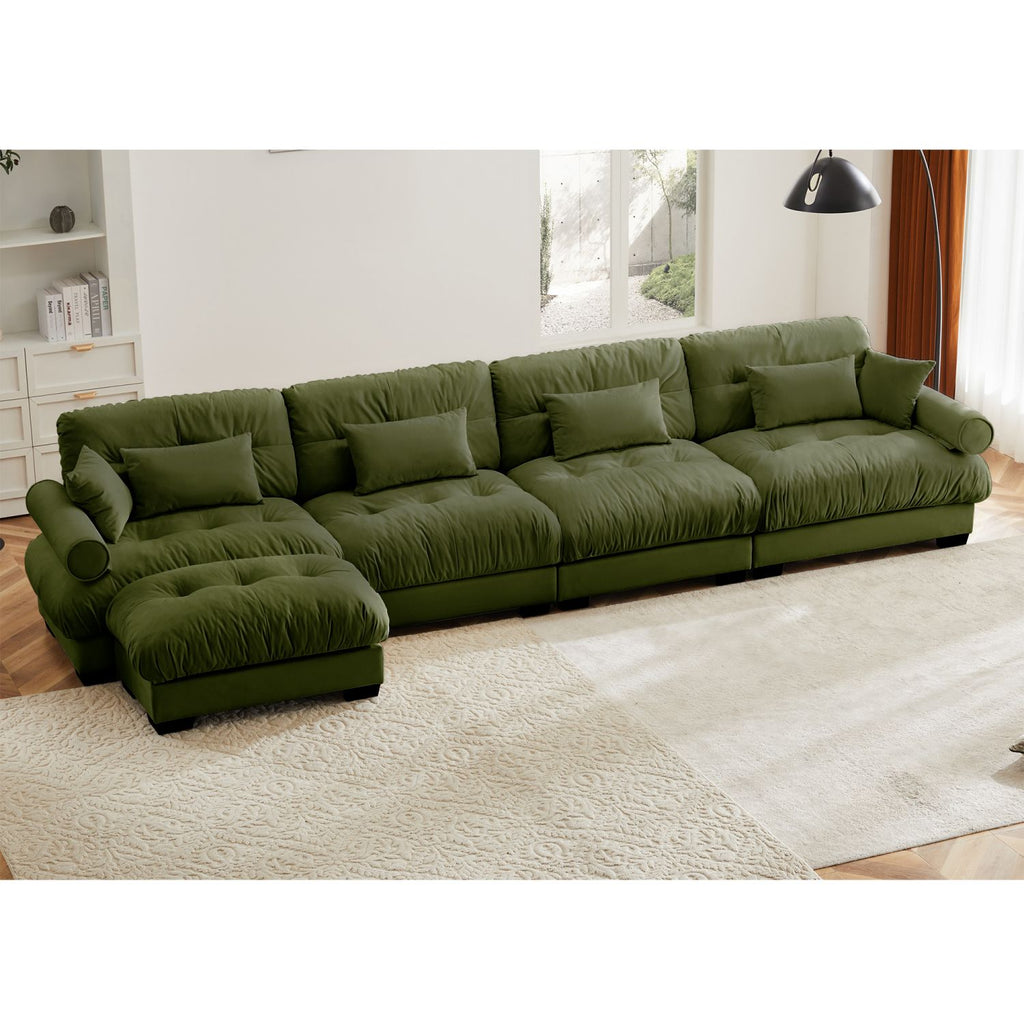 L Shaped Sectional Cloud Sofa , Convertible Deep 4 Seater Modular Couch for Living Room,Modern Velvet Comfy Upholstered Corner Couch Waist Pillows, Throw Pillows and Blostered Armrests,Olive green