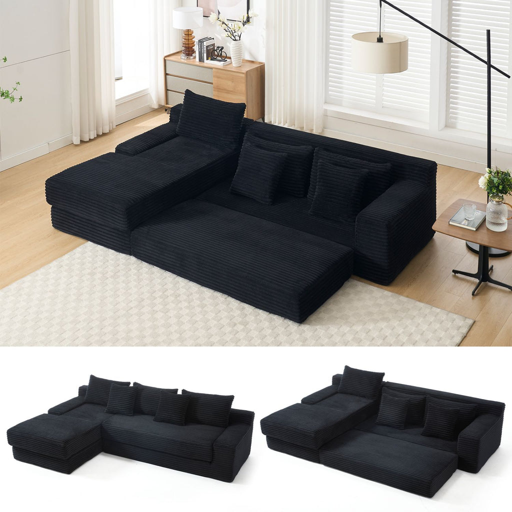 L-Shaped Sectional Couches for Living Room with Memory Foam & Steel Frame - No Assembly Convertible Sofa Bed, Corduroy Fabric Compression Sofa, Modular Couch for Bedrooms,Home Theater ,Black