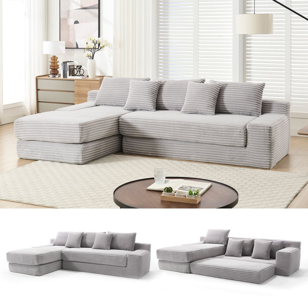 L-Shaped Sectional Couches for Living Room with Memory Foam & Steel Frame - No Assembly Convertible Sofa Bed, Corduroy Fabric Compression Sofa, Modular Couch for Bedrooms,Home Theater ,Light Gray