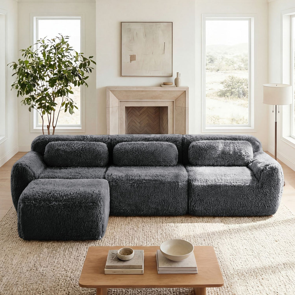 L-shaped Soft And Fluffy Plush Fabric,Boneless Sofa,With Throw Pillows 32D High Density Sponge,No Assembly Required Bottom,Anti-Slip Design Buckle Connection,Movable Ottoman For Living Room,Dark Grey