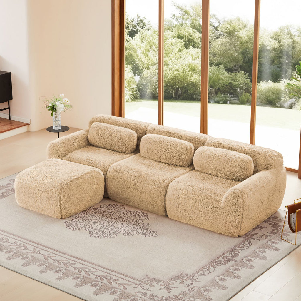 L-shaped Soft And Fluffy Plush Fabric,Boneless Sofa,With Throw Pillows 32D High Density Sponge,No Assembly Required Bottom,Anti-Slip Design Buckle Connection,Movable Ottoman For Study,Light Khaki