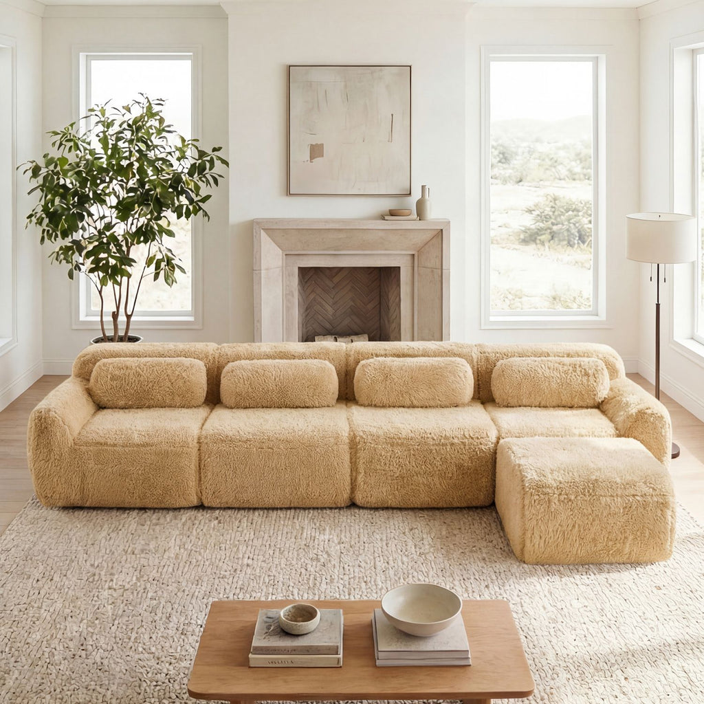 L-shaped Soft And Fluffy Plush Fabric,Modular Sectional Sofa Couches,32D High Density Sponge Bottom Anti-Slip Design,Free Combination Buckle Connection,No Assembly Required,For Bedroom,Light Khaki