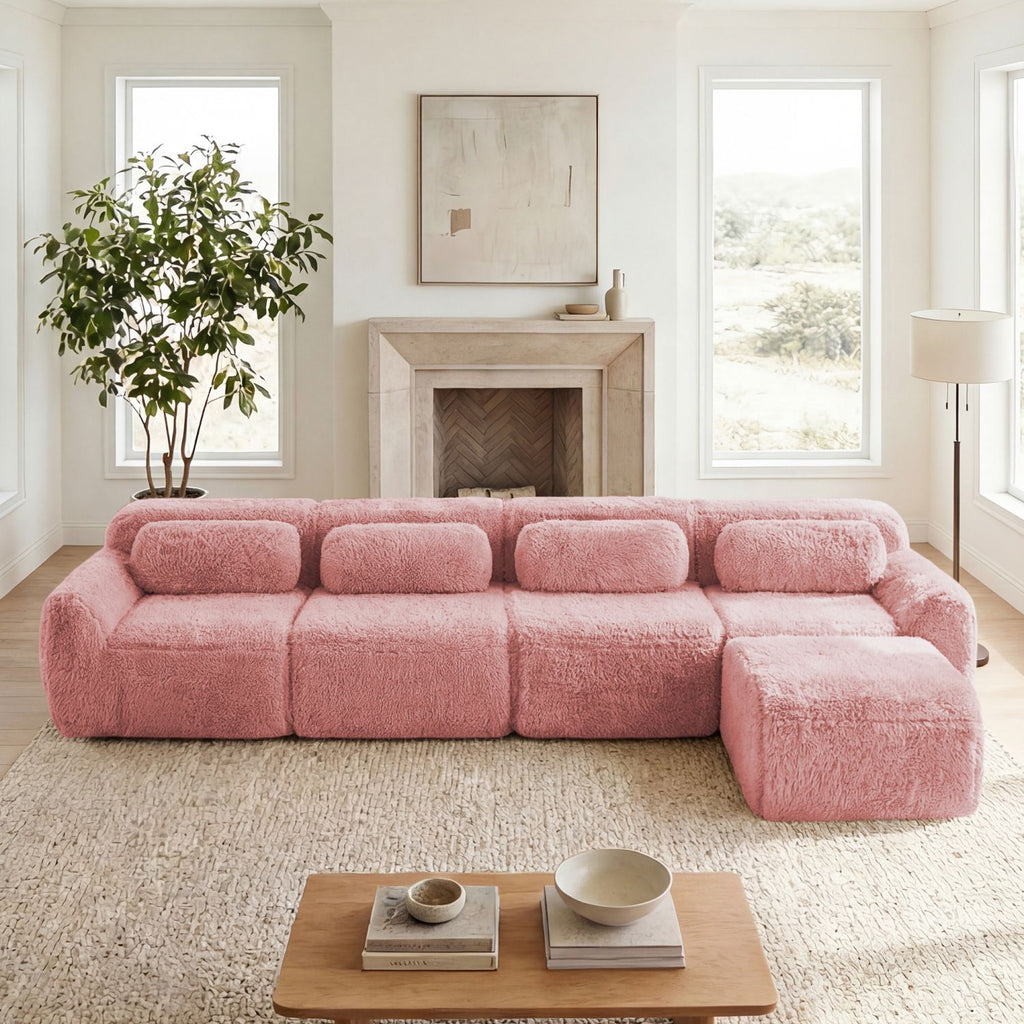L-shaped Soft And Fluffy Plush Fabric,Modular Sectional Sofa Couches,32D High Density Sponge Bottom Anti-Slip Design,Free Combination Buckle Connection,No Assembly Required,For Living Rooms,Pink