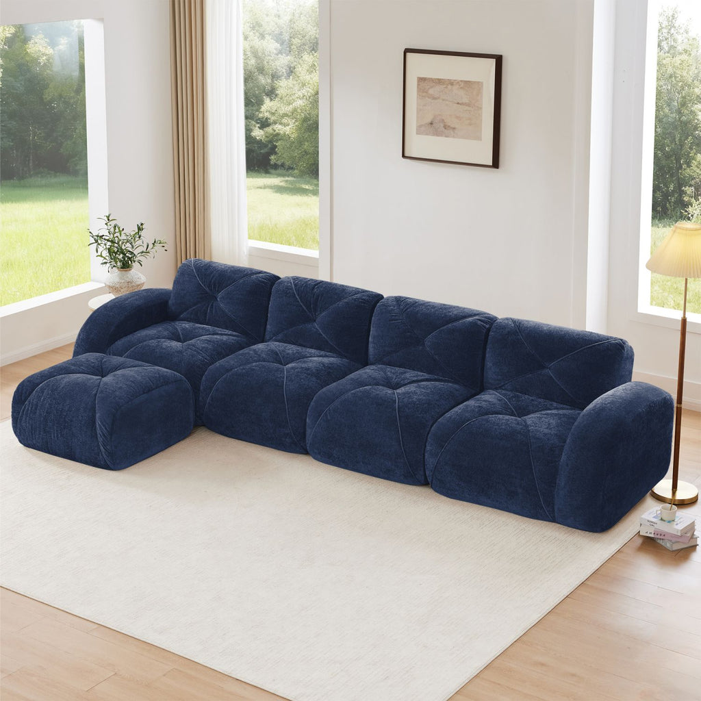 L-shaped Soft Velvet Fabric,Tufted Design,32D High Density Sponge Bottom,Ergonomic Design Bottom,Anti-Slip Design,Free Combination,No Assembly Required,Movable Ottoman For Living Rooms,Blue