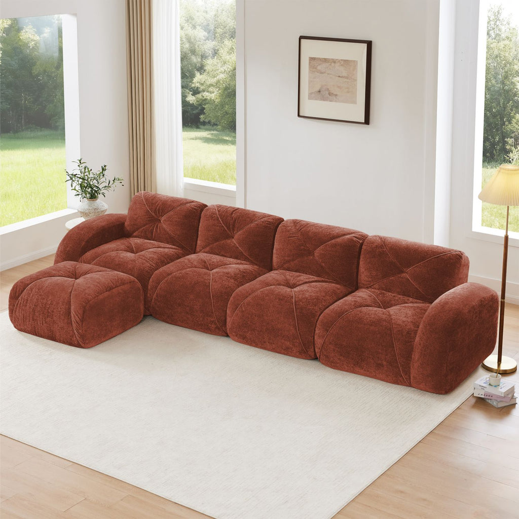 L-Shaped Soft Velvet Fabric,Tufted Design,32D High Density Sponge Bottom,Ergonomic Design Bottom,Anti-Slip Design,Free Combination,No Assembly Required,Movable Ottoman For Living Rooms,Red Brown