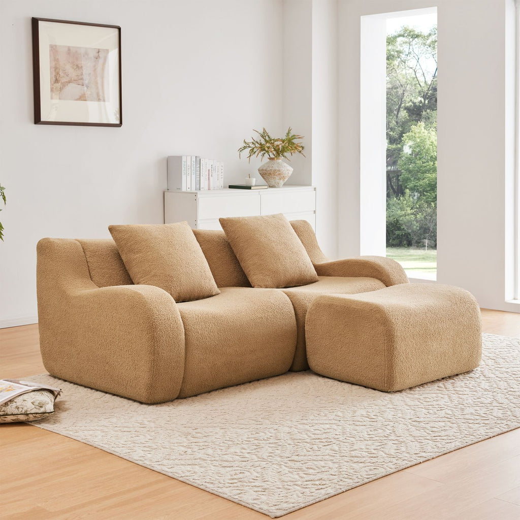 L-Shaped Teddy Fabric 2-Seat Boneless Sofa,No Assembly Required Curved Armrest,Streamlined Design Ergonomic Design,32D High Density Sponge For Living Rooms Rest Areas Bedroom,Camel