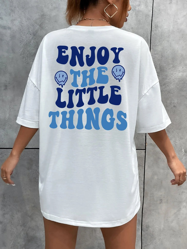 Enjoy The Little Things Slogan Printed Oversized Cotton T-Shirt for Women Casual Streetwear Loose Fit Short Sleeve Top
