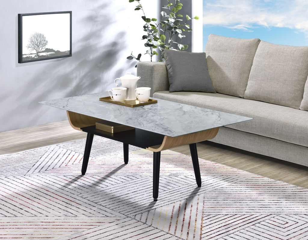 Landon 47" Coffee Table with Glass Gray Marble Texture Top and Bent Wood Design