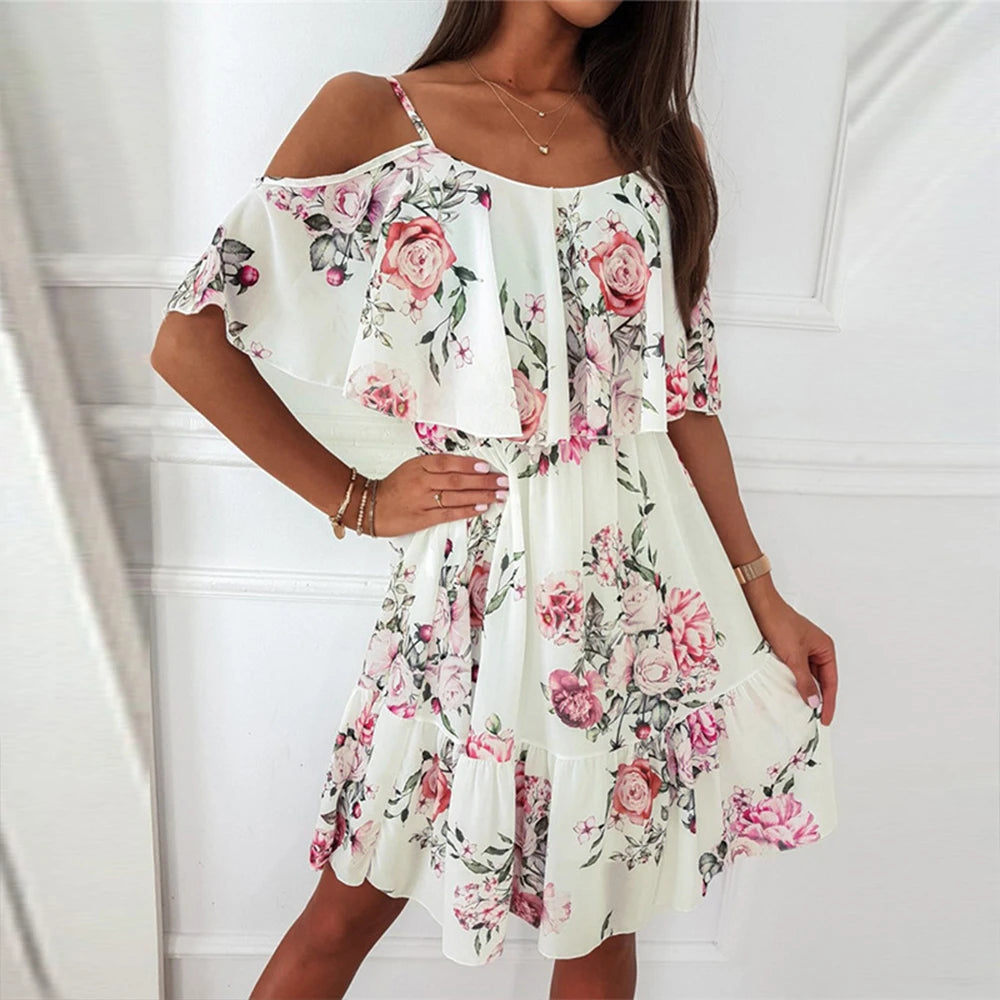 Elegant Chiffon Floral Dress for Women Summer Vacation Casual Beach Sundress with Short Sleeves and Slim Fit