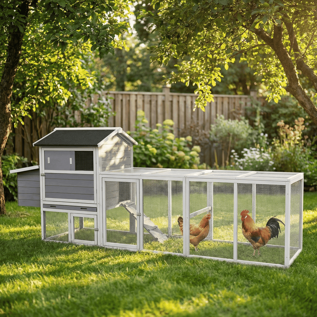 large main house, Gray Wooden Chicken Coop, Large Outdoor Hen House with Run and Nesting Box Poultry Cage, Rabbit Hutch, Waterproof Anti-UV Panel for Backyard