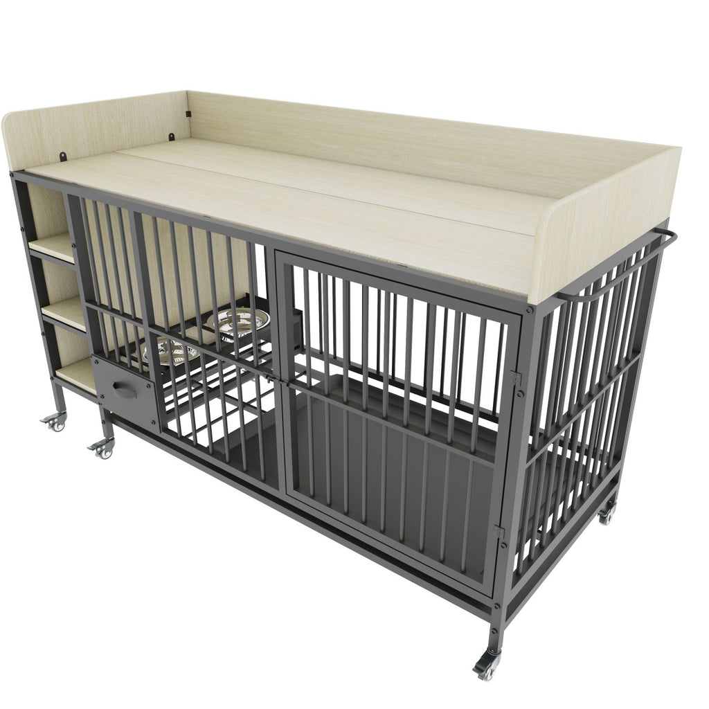 Large pet cage with storage rack, drawers with stainless steel food and water basin, made of iron frame and MDF material, sturdy, exquisite, and practical (black+beige)