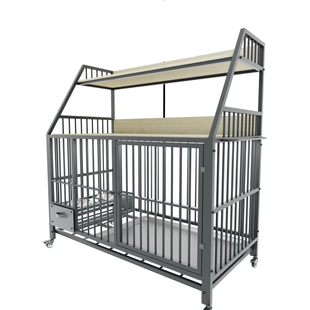 Large pet cage with storage rack, drawers with stainless steel food and water basins, double-layer storage rack made of iron frame and MDF material, sturdy, exquisite, and practical (black+beige)