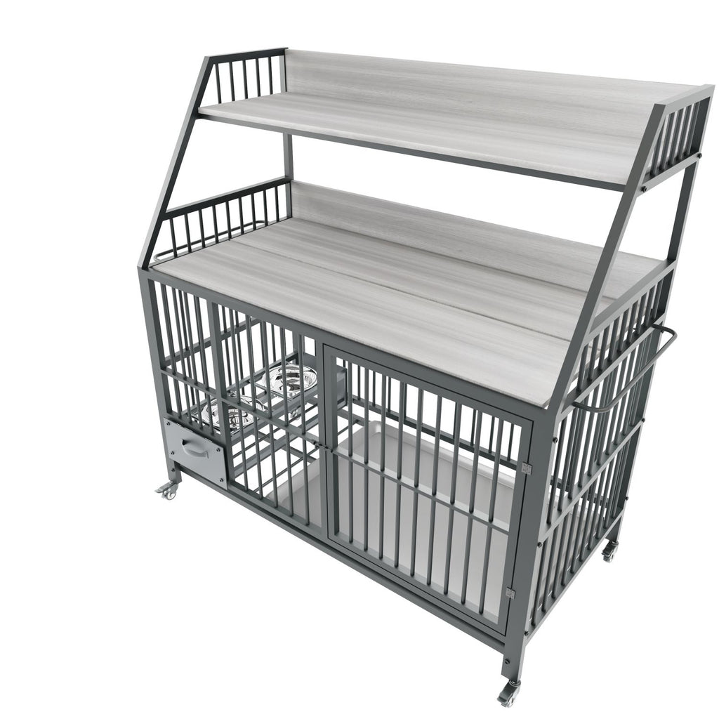 Large pet cage with storage rack, drawers with stainless steel food and water basins, double-layer storage rack made of iron frame and MDF material, sturdy, exquisite, and practical (black+smoke gray)