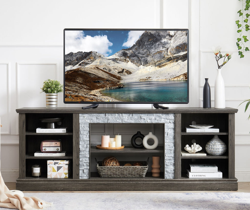 Large TV Stand TV Desk Storage Rack with Faux Stacked Stone Surround,Media Console Table with Large Storage Cabinet,Modern TV Media Entertaionment Stand,GREY, 70.12"W*15.35"D*25.83"H