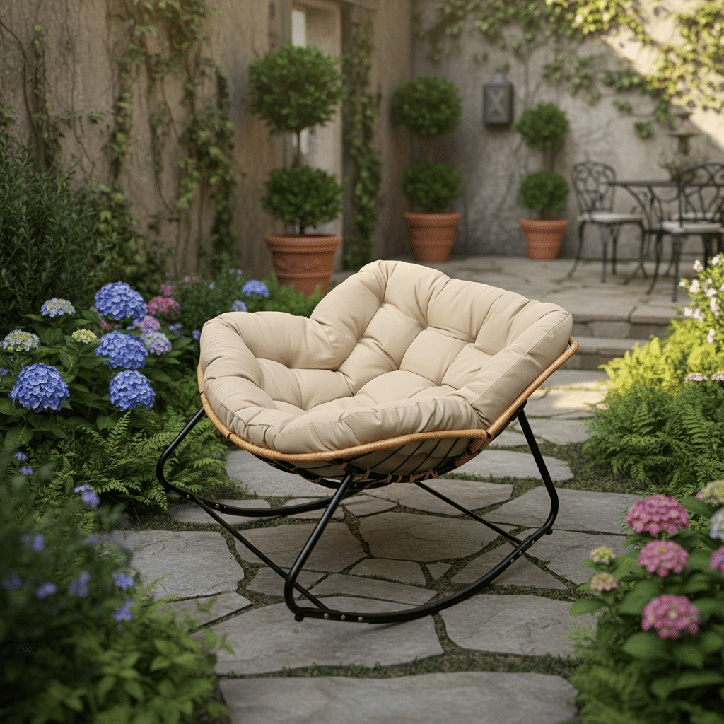 Larger Outdoor Rocking Chair, Patio Egg Rocking Chair, Indoor Papasan Chair, Rattan Wicker Lounge Chair, Modern Royal Chair for Bedroom, Living Room, Porch, Garden,Lawn-Beige