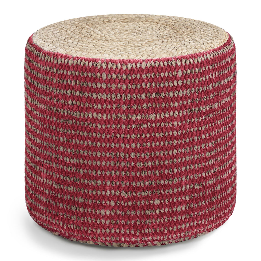 Larissa - Round Braided Pouf - Natural / Maroon