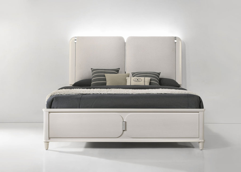 Laveda Light Gray Boucle & Pearl White Finish Queen Bed w/LED