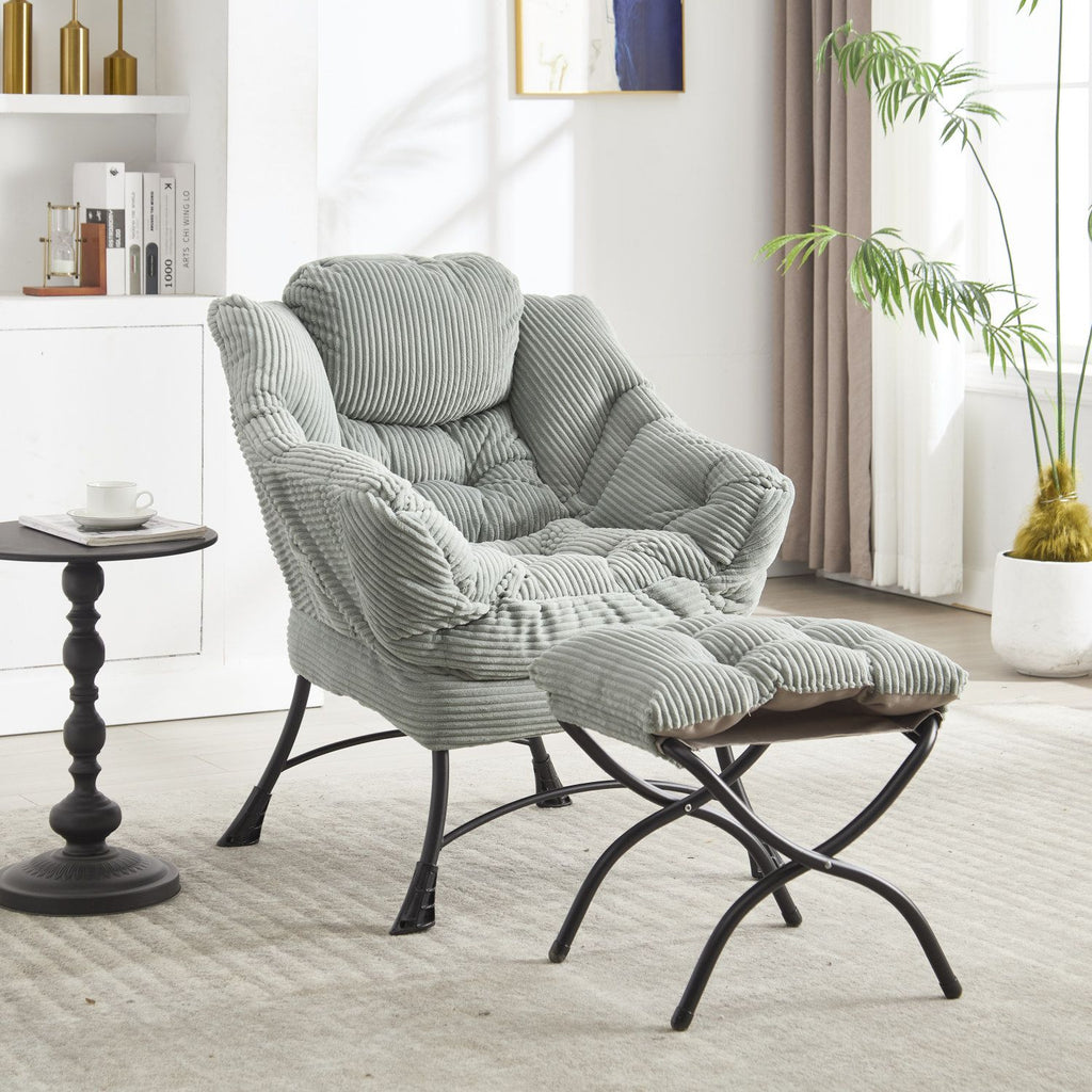 Lazy Chair with Ottoman, Modern Lounge Accent Chair with Armrests and a Side Pocket, Leisure Upholstered Sofa Chair Reading Chair with Footrest for Small Space, Corner Chair-Light green