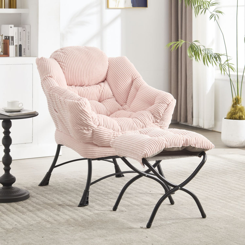 Lazy Chair with Ottoman, Modern Lounge Accent Chair with Armrests and a Side Pocket, Leisure Upholstered Sofa Chair Reading Chair with Footrest for Small Space, Corner Chair-Pink