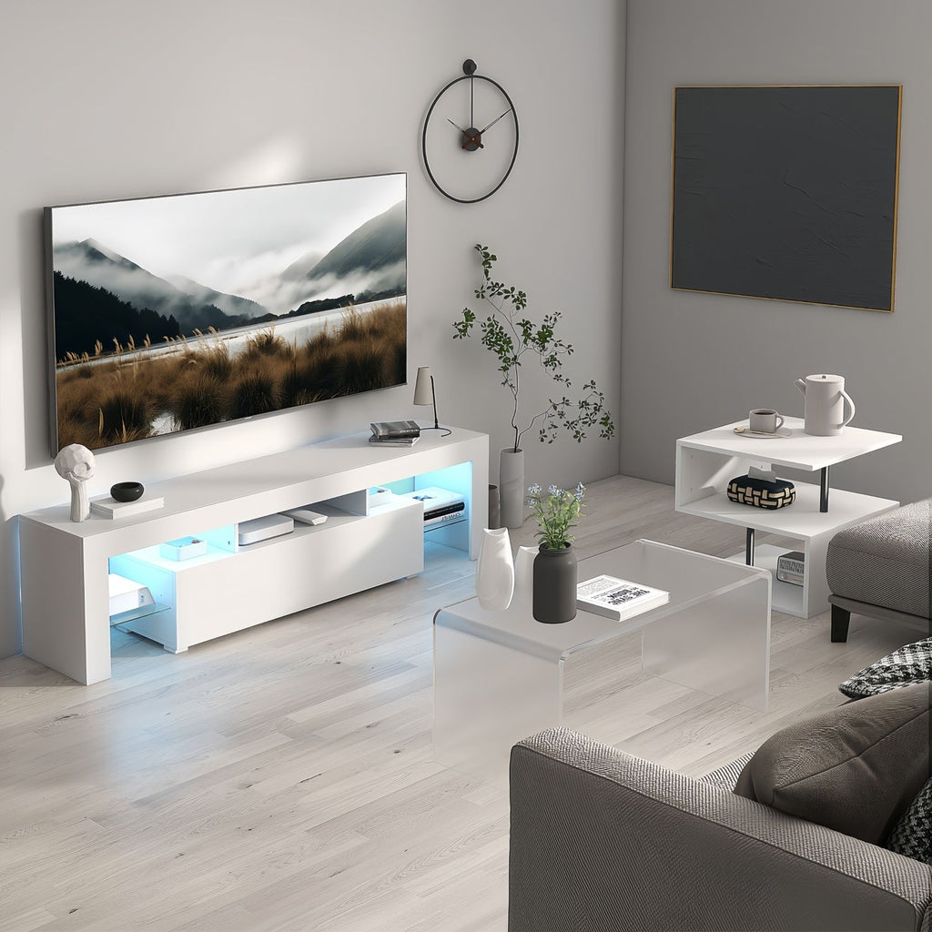LED TV Stand for Televisions up to 55 Inchs,Modern Entertainment Center with down filp door, Glass shelf and high glossy UV front face, TV Console Table for Living room,Bedroom,White