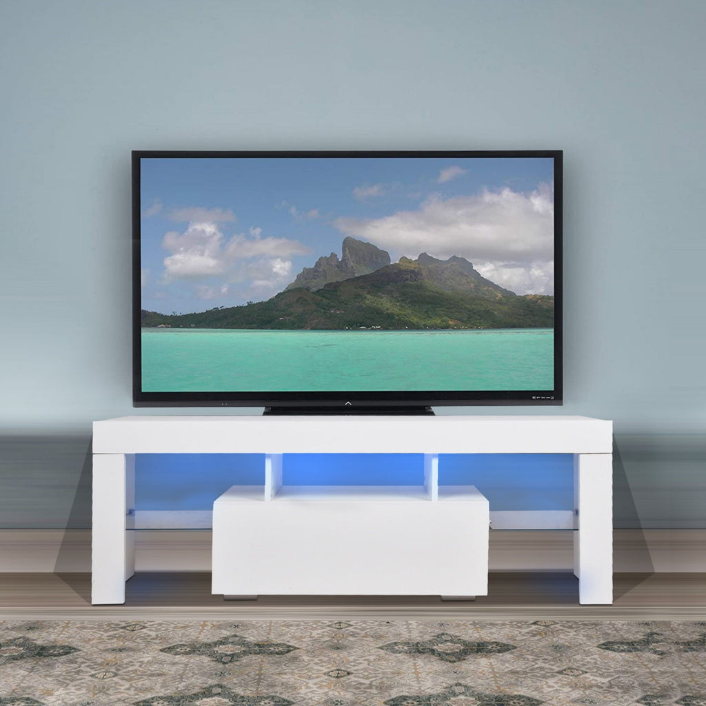 LED TV Stand for Televisions up to 55 Inchs,Modern Entertainment Center with down filp door, Glass shelf and high glossy UV front face, TV Console Table for Living room,Bedroom,White