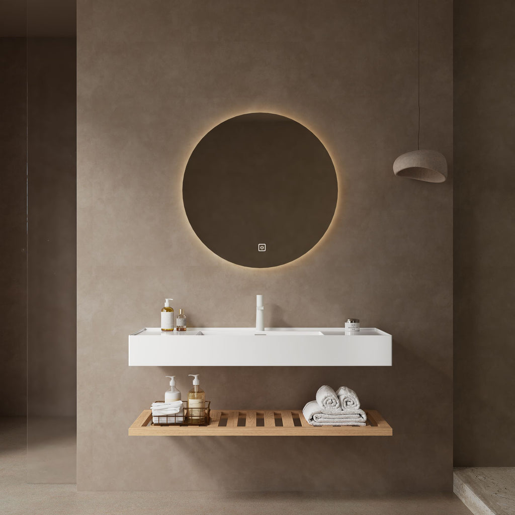 LEDE 48" Bathroom Vanity with Vessel Sink, Wall-Mounted Floating White Rectangular Acrylic Integrated Basin without Faucet, Striped Shelves Layer, Natural Wood