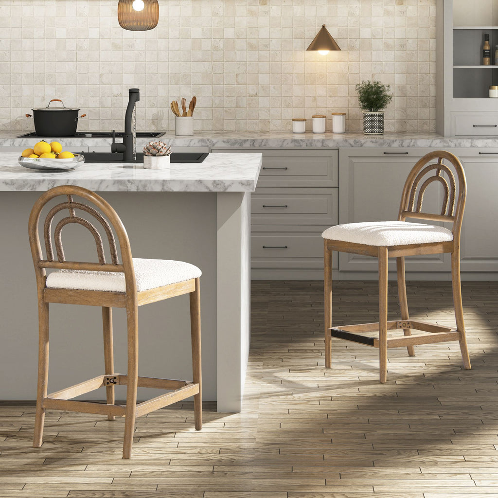 Leon 27" Arched Back Wood & Upholstered Counter Stool, Set of 2, Ivory White Boucle