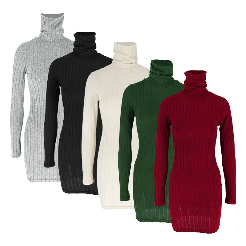 Elegant Autumn Winter Long Sleeve Turtleneck Mini Dress for Women Casual Slim Fit Streetwear Fashion