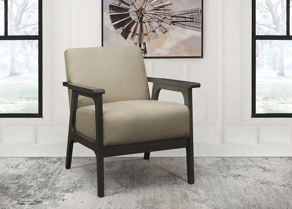 Light Brown Fabric Upholstered Accent Chair 1pc Solid Rubberwood Antique Gray Finish Living Room Furniture