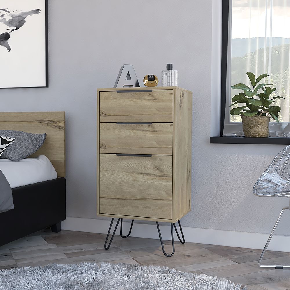 Light Dresser Skyoner, Hairpin Legs, Superior Top,Three Drawers, Light Oak Finish