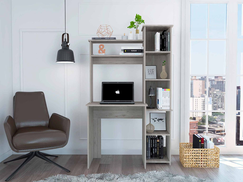Light Grey 6-Shelf Writing Desk with Built-in Bookcase