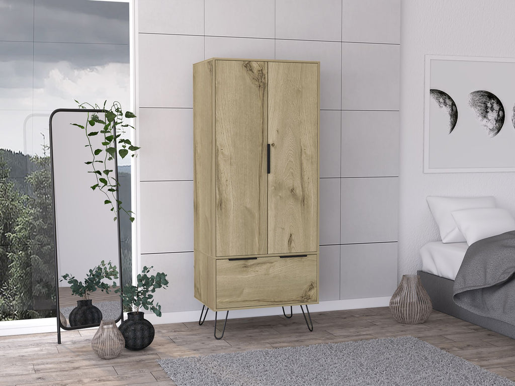 Light Oak Wooden Wardrobe with 2-Doors and 1-Drawer
