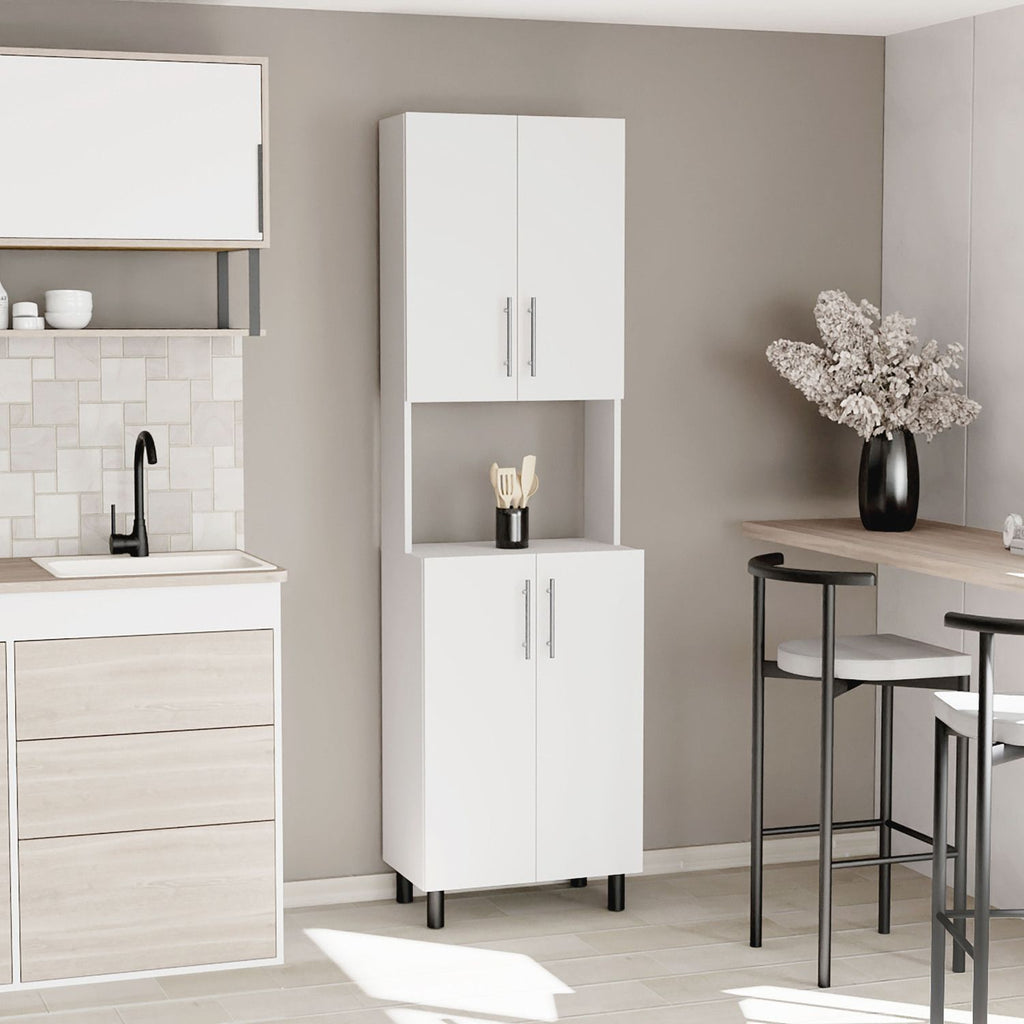 Linden 76,8" Tall Two Double Door Cabinet Kitchen Pantry with Hutch and Five Shelves, Microwave Cabinet, Storage Cabinet, Kitchen Organization, Garage Cabinet, Kitchen White