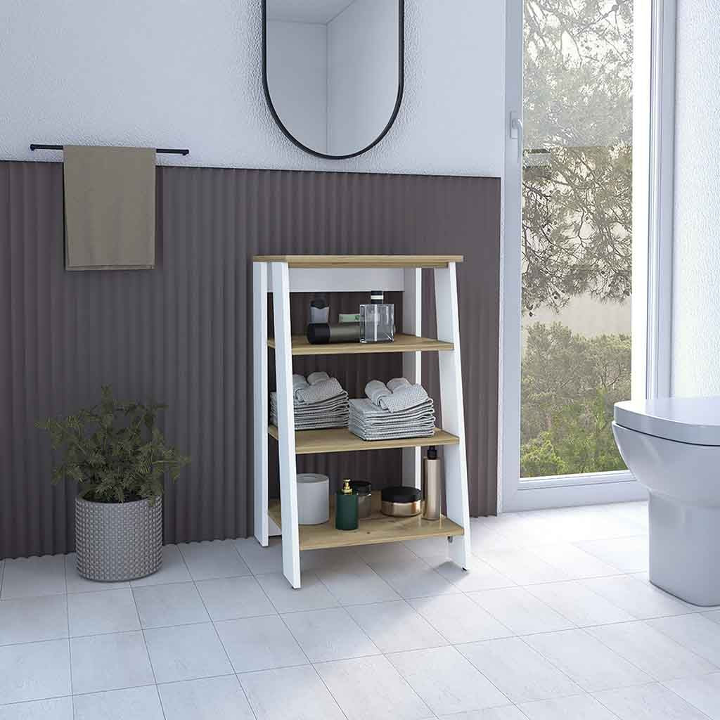 Linen Cabinet Jenne, Four Open Shelves, Light Oak / White Finish