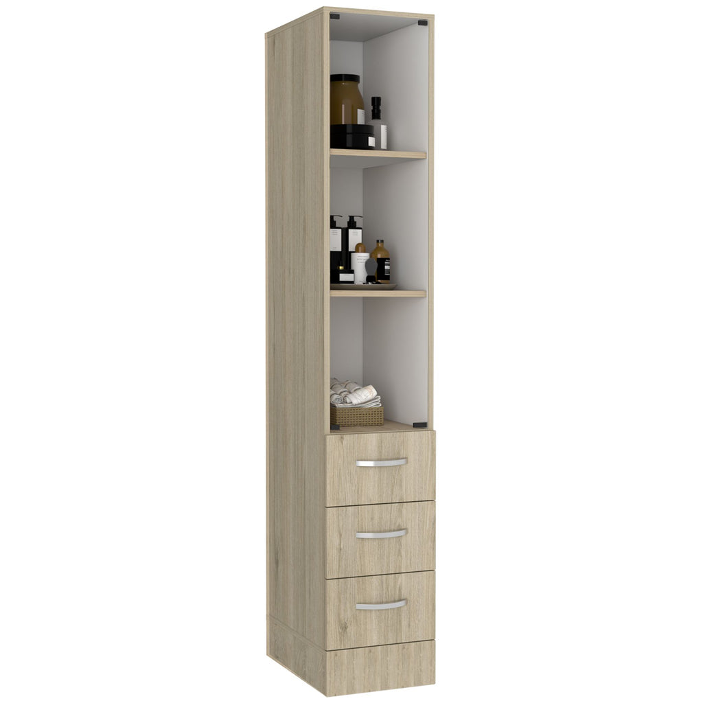 Linen Cabinet, Three Shelves, Four Drawers, Light Pine/White