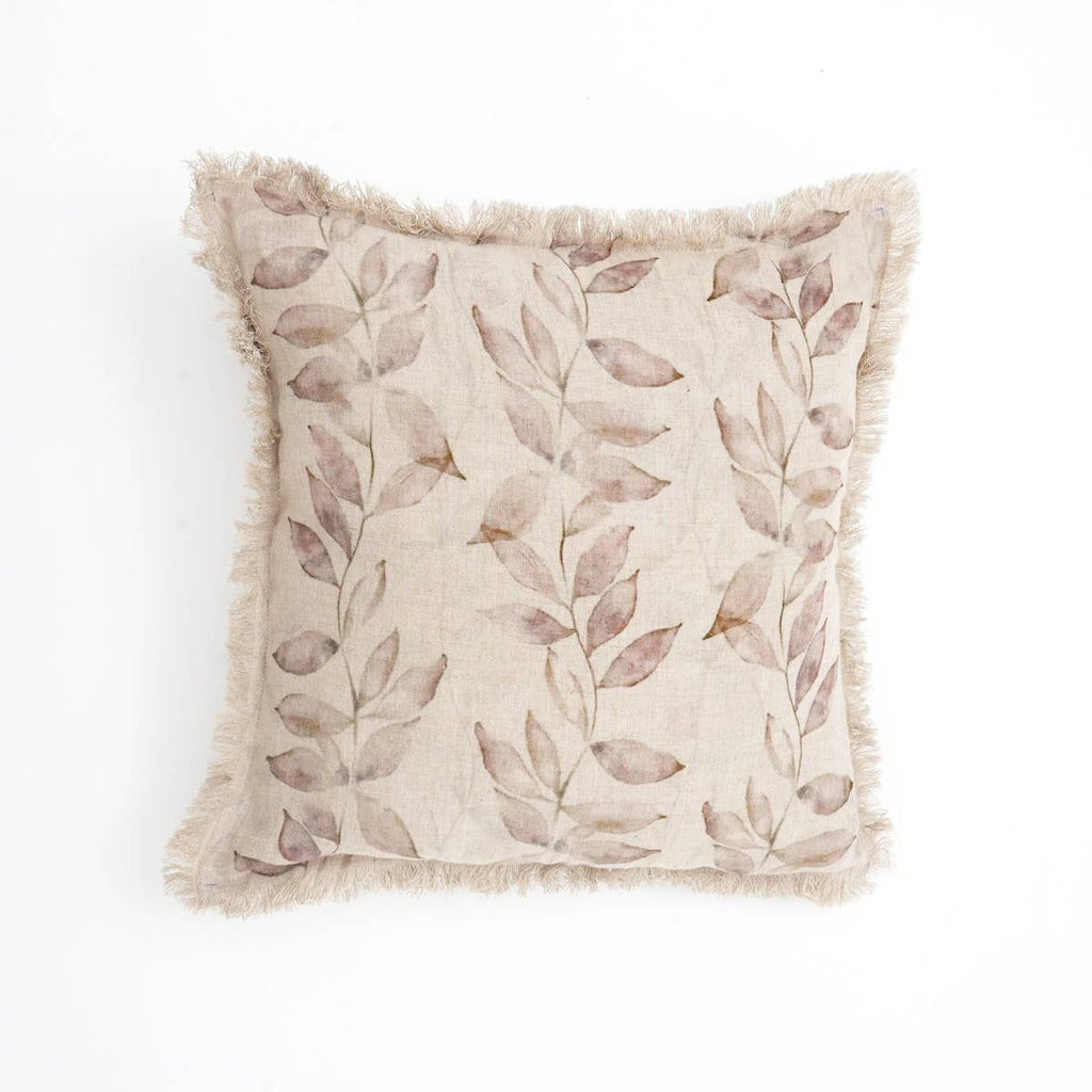 Linen Printed Cushion with Fringes (Brown)