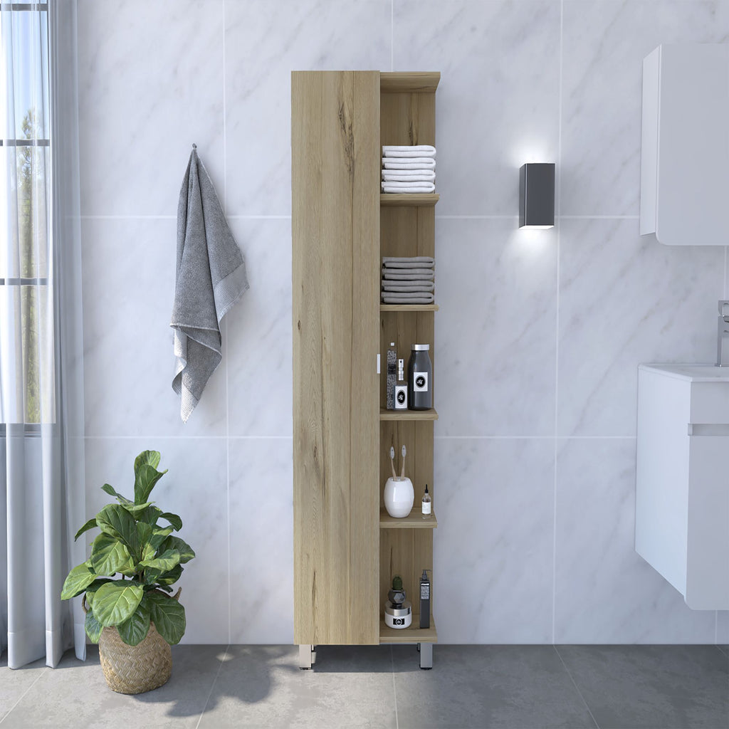 Linen Single Door Cabinet 62" H, Five External Shelves, Four Interior Shelves, Light Oak